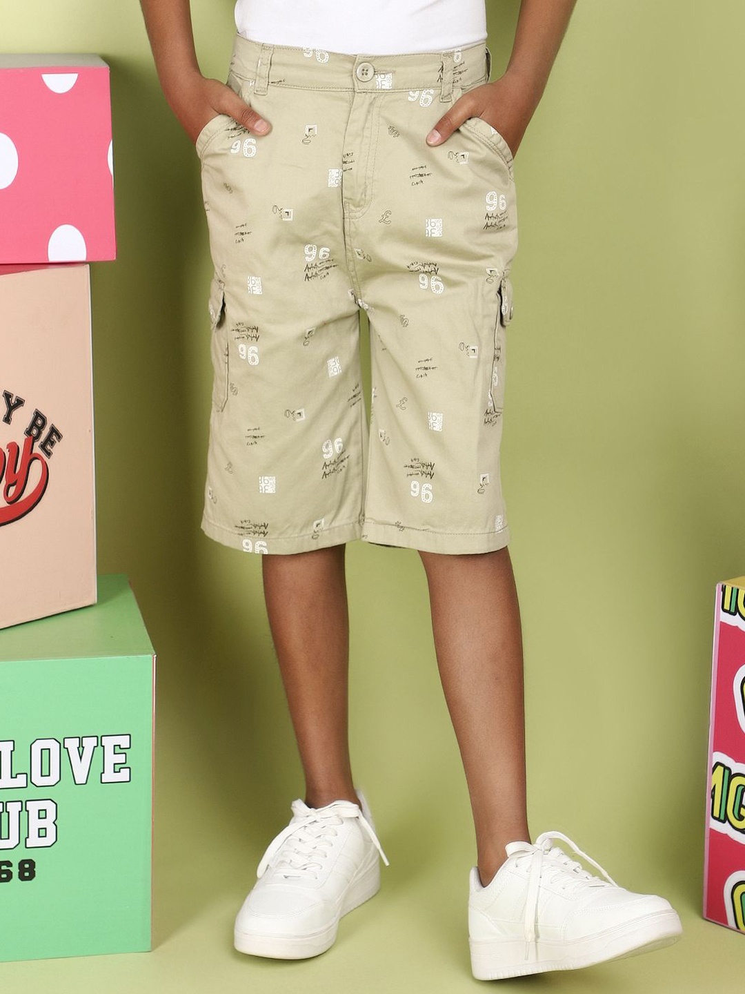 

V-Mart Boys Printed Satin Mid-Rise Shorts, Beige