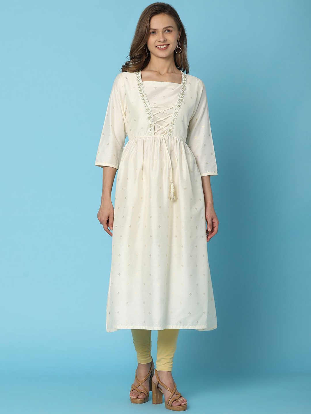 

V-Mart Floral Embroidered Thread Work Square Neck Cotton Anarkali Kurta, Off white
