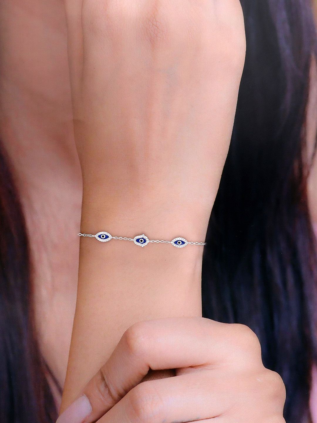 

KAI JEWEL Sterling Silver CZ Studded Rhodium-Plated Minimalistic Evil Eye Link Bracelet