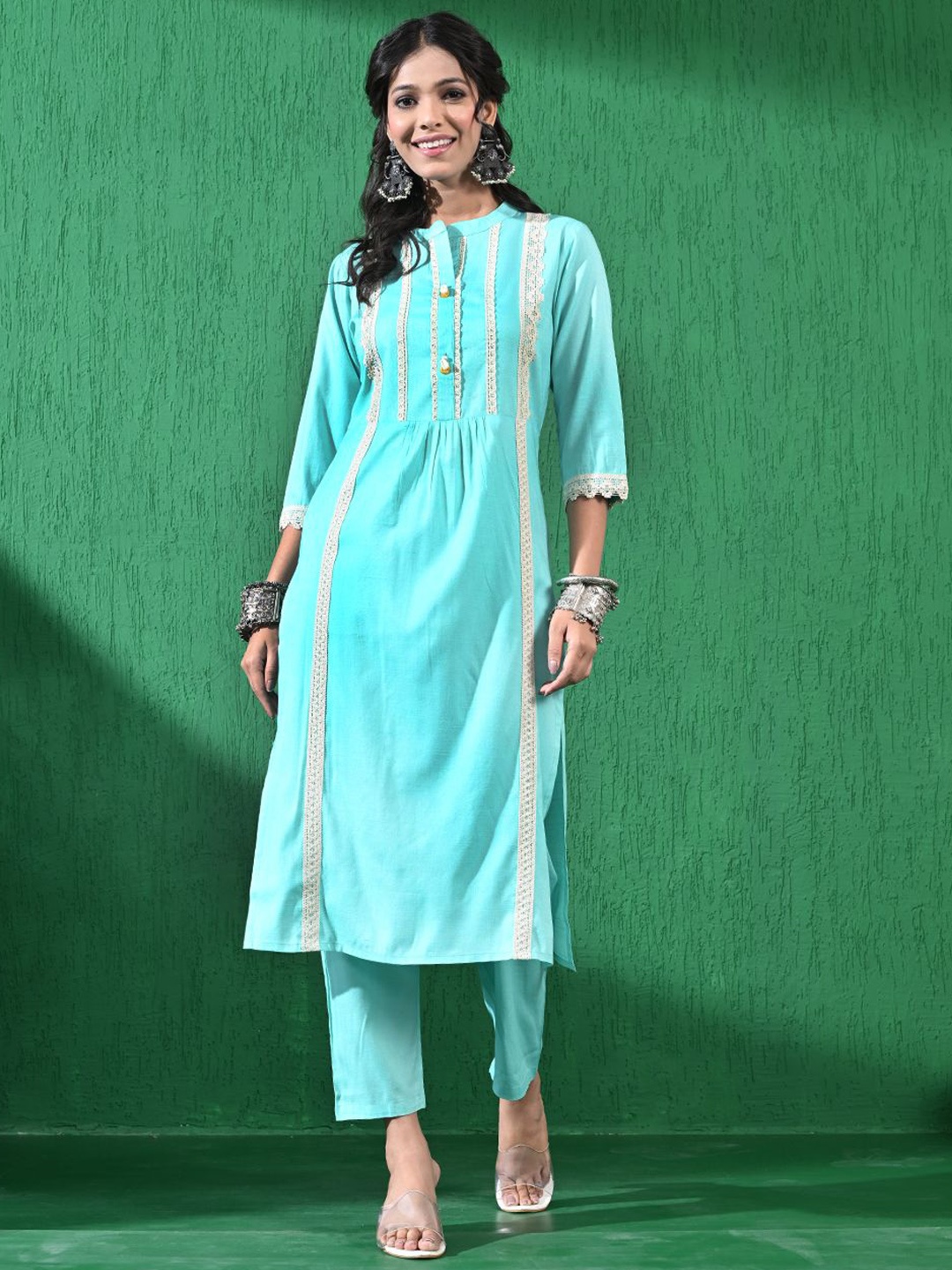 

all about you Band Collar Regular Lace Detail Straight Kurta With Trousers, Turquoise blue