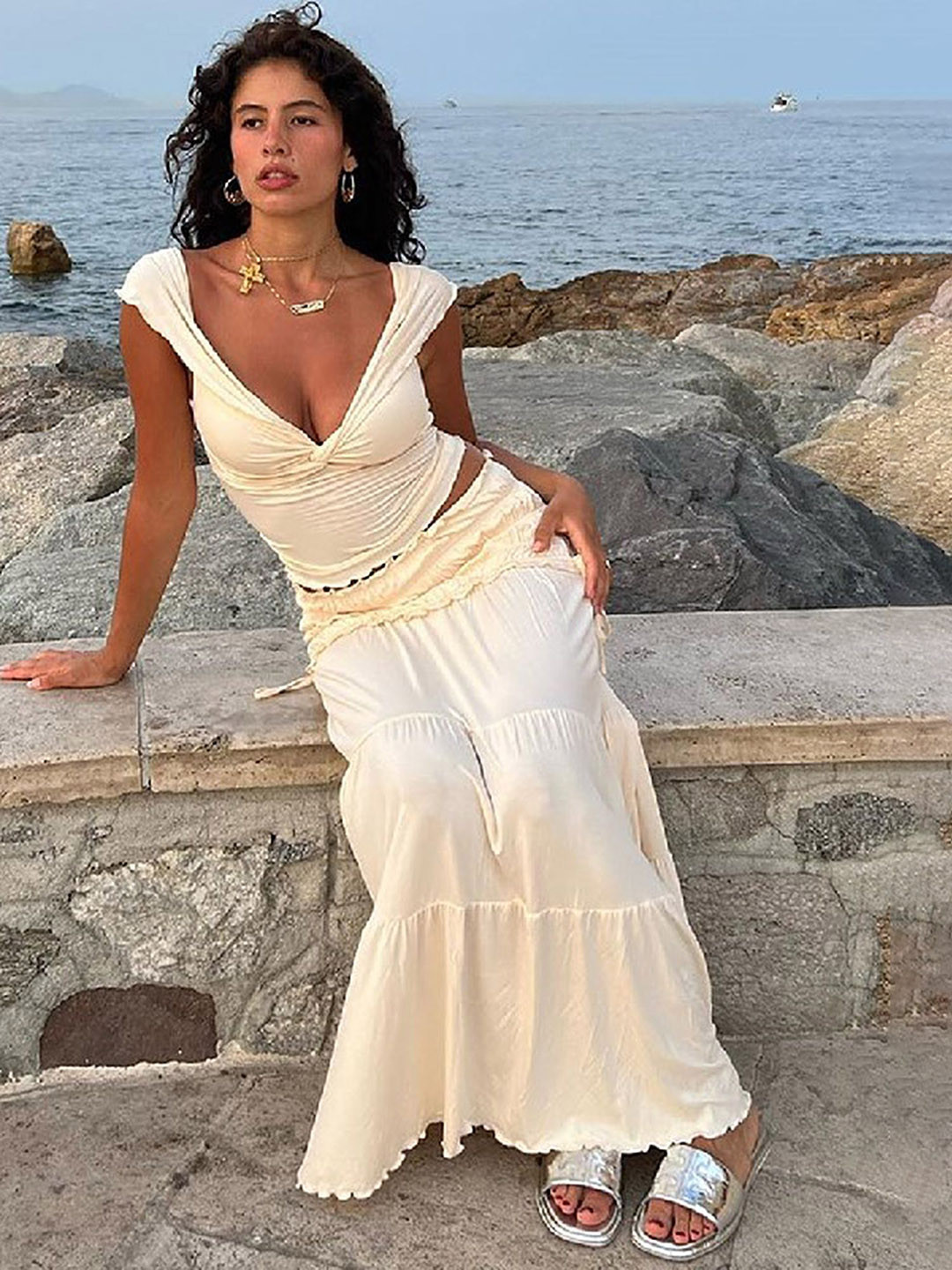 

LULU & SKY Tiered Drop-waist Maxi Skirt, Off white