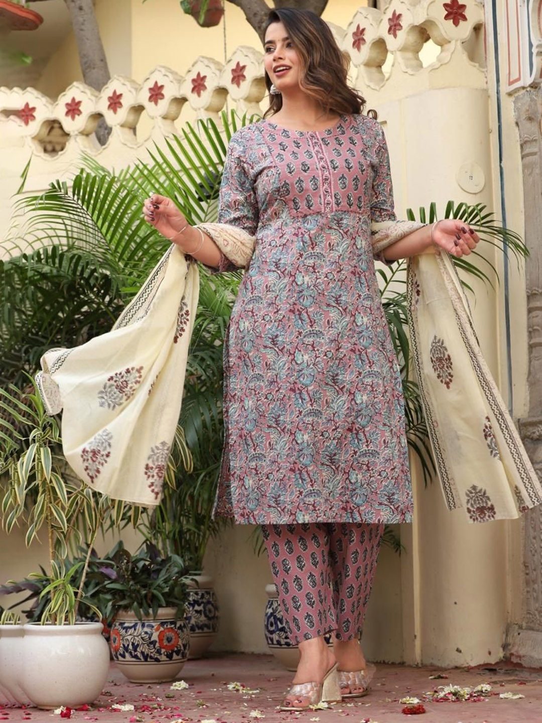 

KALINI Floral Printed Pure Cotton Straight Kurta With Trousers & Dupatta, Pink