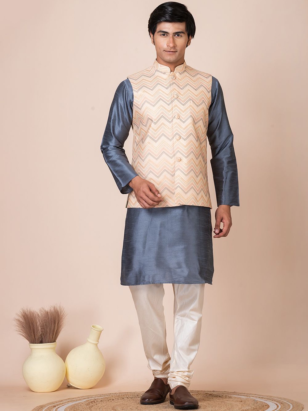 

HU - Handcrafted Uniquely Mandarin Collar Straight Kurta with Churidar & Nehru jacket, Cream