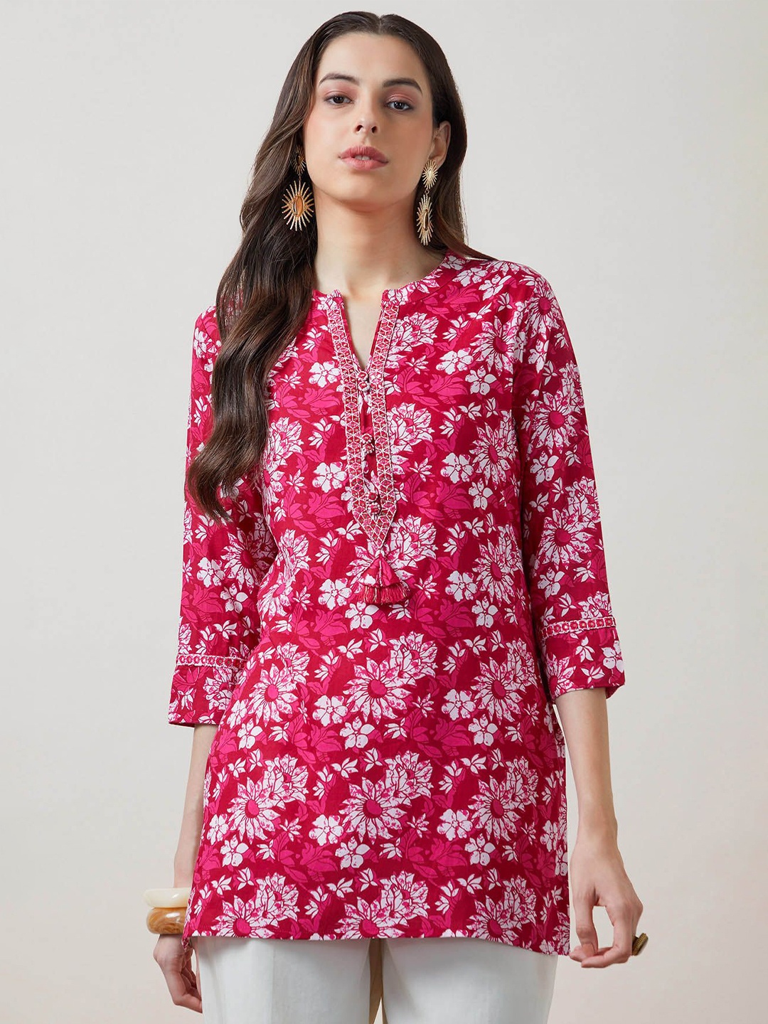 

Soch Floral Printed Mandarin Collar Tunic, Pink