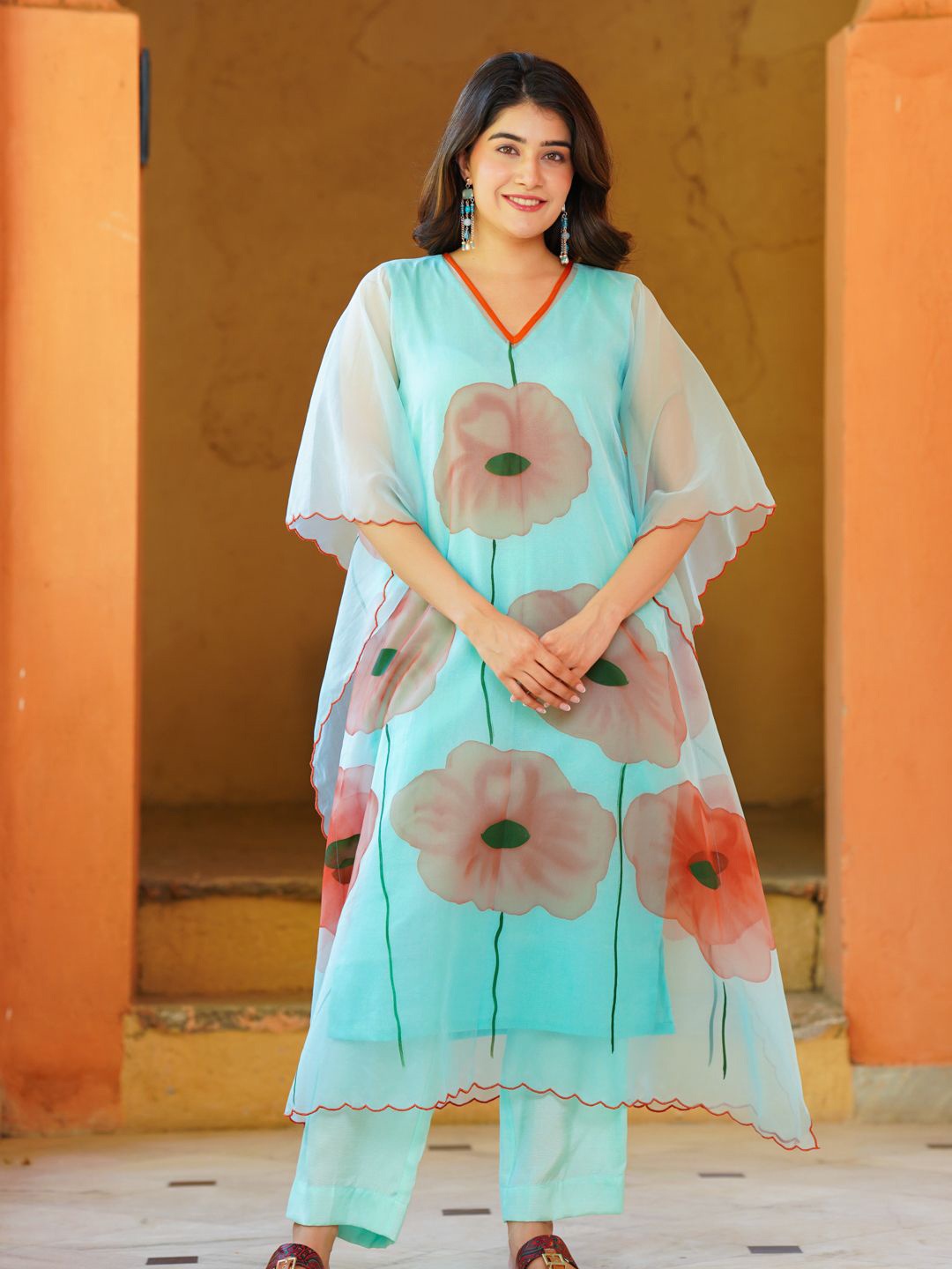 

Ambraee Floral Printed Organza Kaftan Kurta With Trouser, Blue