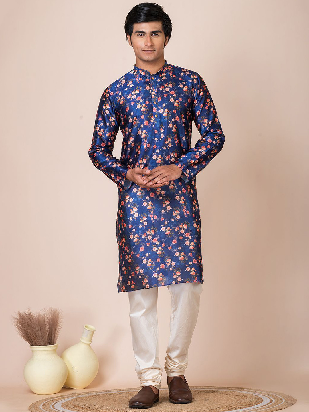 

HU - Handcrafted Uniquely Floral Printed Straight Kurta with Churidar, Navy blue