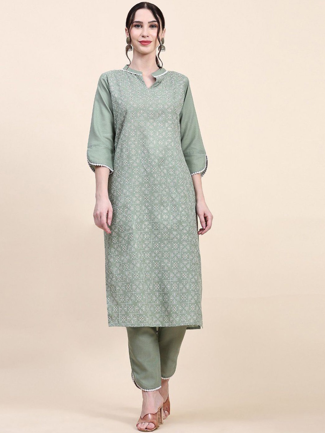 

Siya Fashion Ethnic Motifs Printed Mandarin Collar Straight Kurta With Palazzo, Green