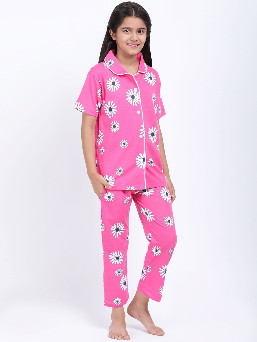 

Elzoh Girls Floral Printed Pure Cotton Night suit, Pink