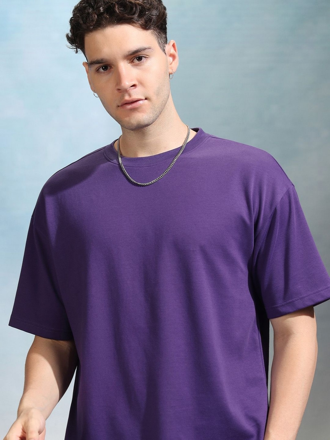 

HIGHLANDER Men Solid Round Neck Cotton Oversized Sports T-Shirt, Purple