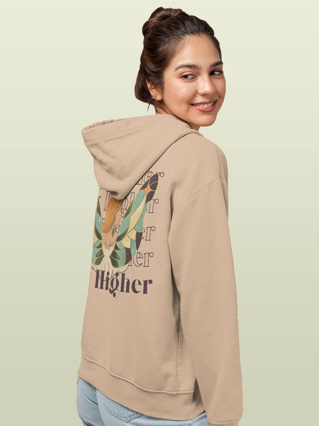 

macmerise Women Printed Hooded Sweatshirt, Beige