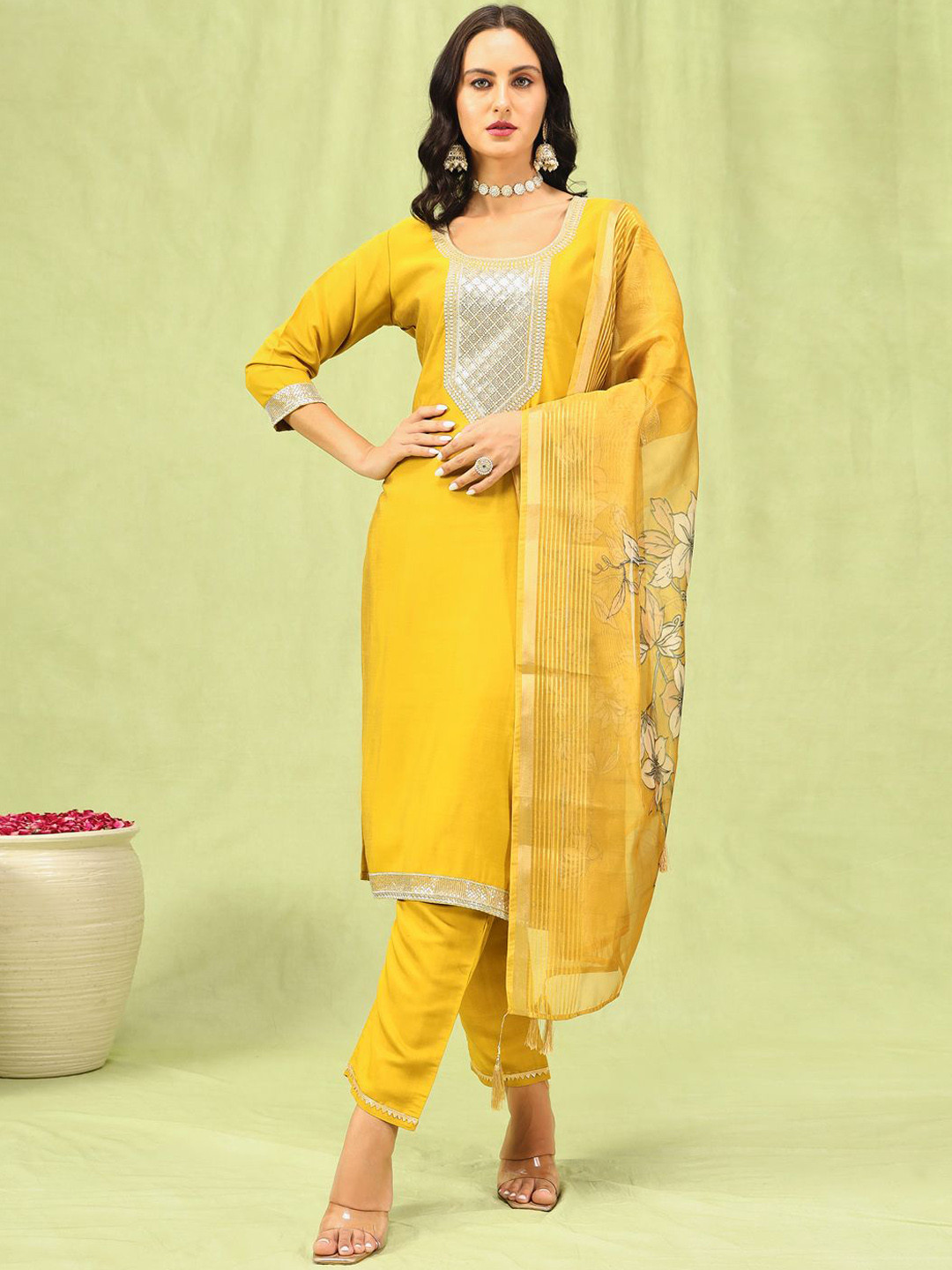 

VredeVogel Yoke Design Sequinned Straight Kurta With Trousers & Dupatta, Yellow