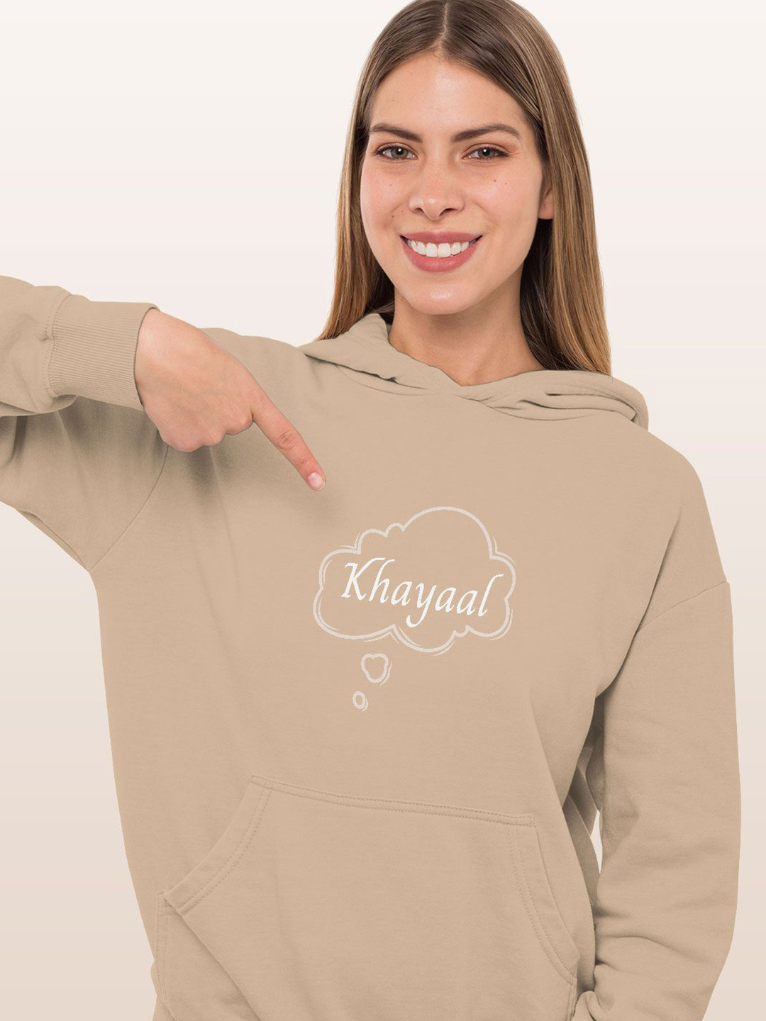 

macmerise Women Printed Hooded Sweatshirt, Beige