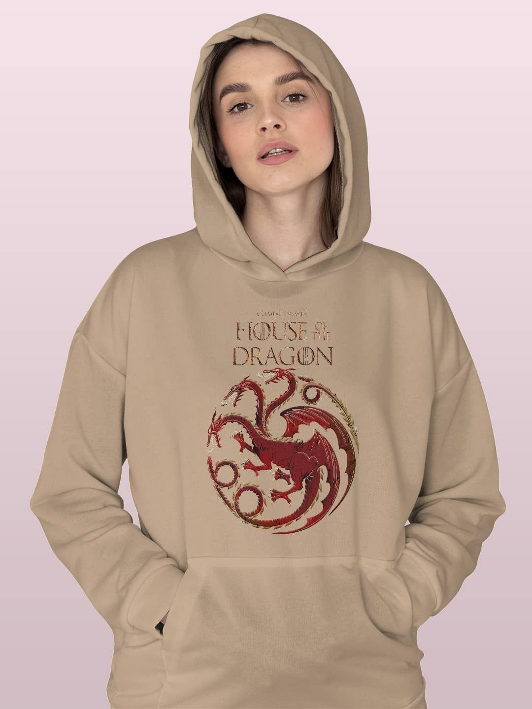 

macmerise Women Printed Hooded Sweatshirt, Beige