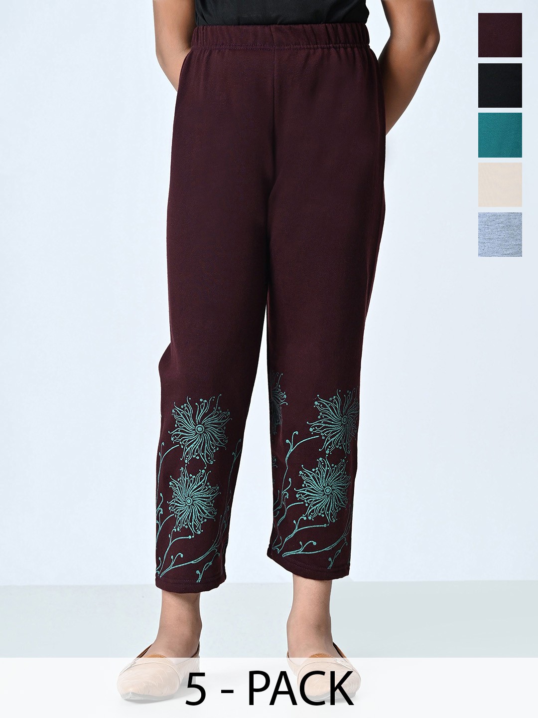 

BAESD Girls Pack Of 5 Printed High-Rise Regular Trousers, Burgundy