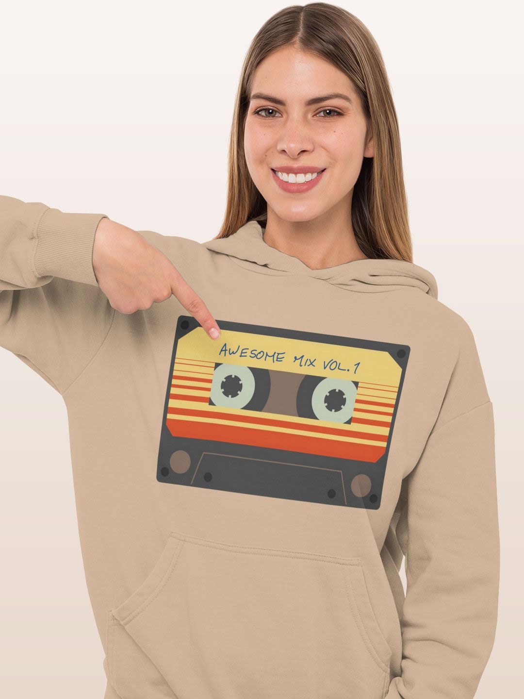 

macmerise Women Printed Hooded Sweatshirt, Beige
