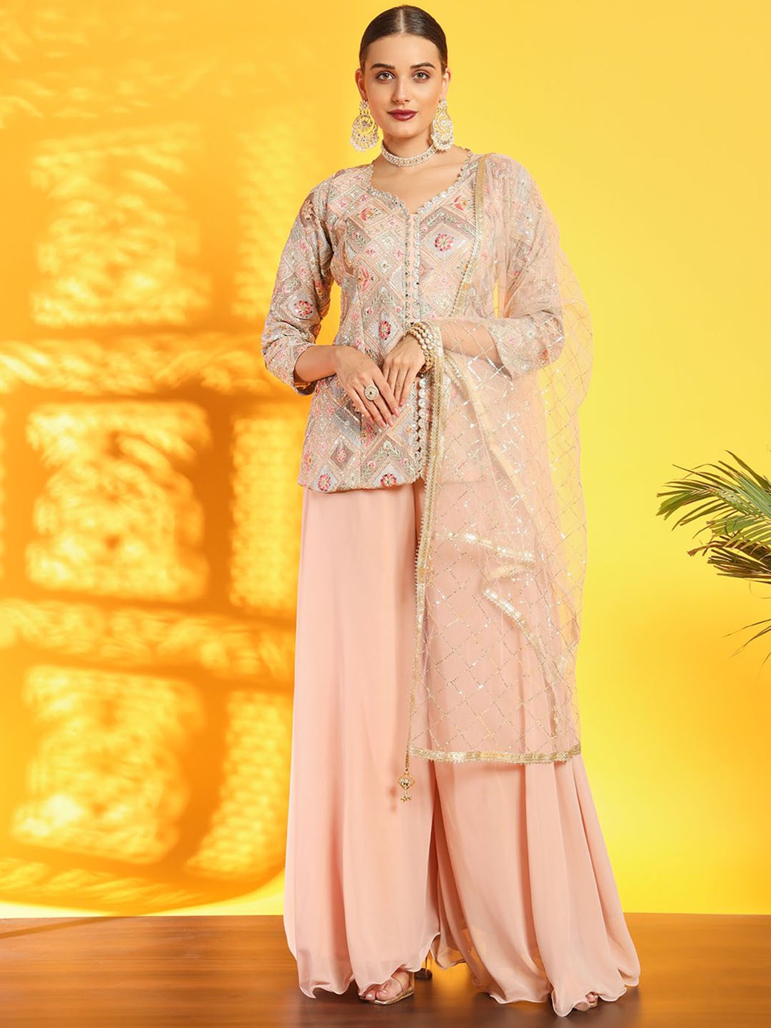 

Chhabra 555 Resham Zari Embroidered Top With Palazzo & Dupatta, Peach