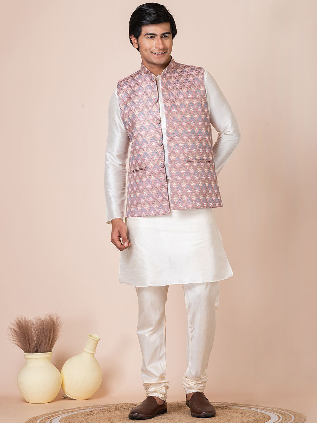 

HU - Handcrafted Uniquely Mandarin Collar Straight Kurta with Churidar & Jacket, Rose