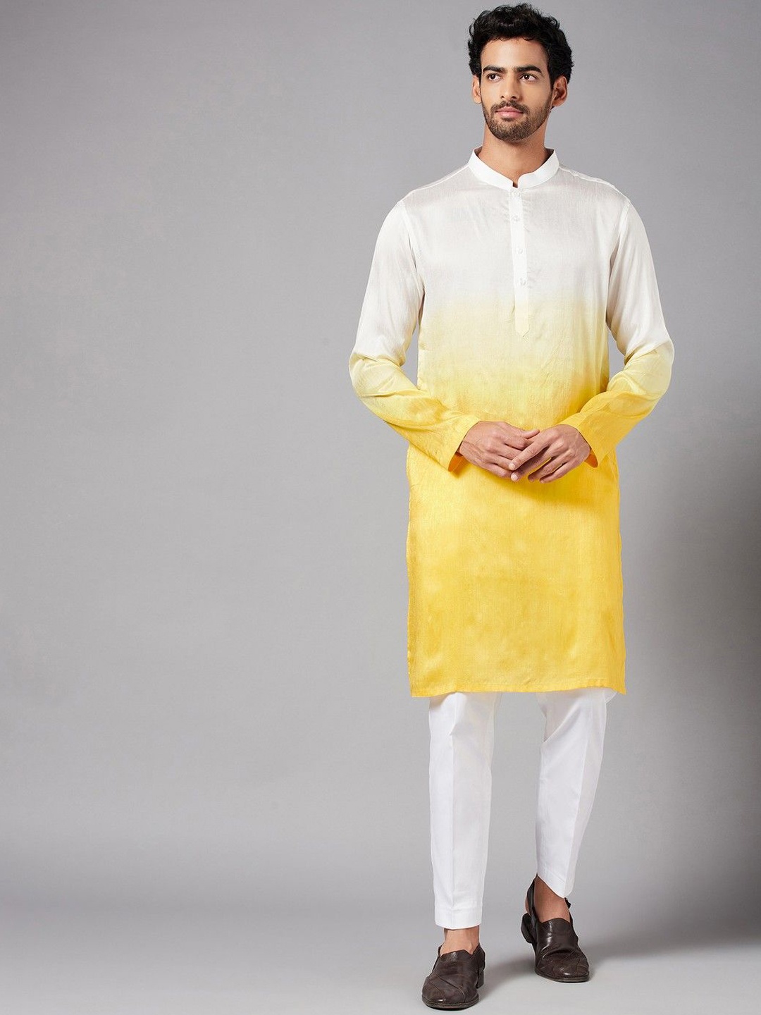 

HILO DESIGN Colourblocked Mandarin Collar Straight Kurta, Yellow