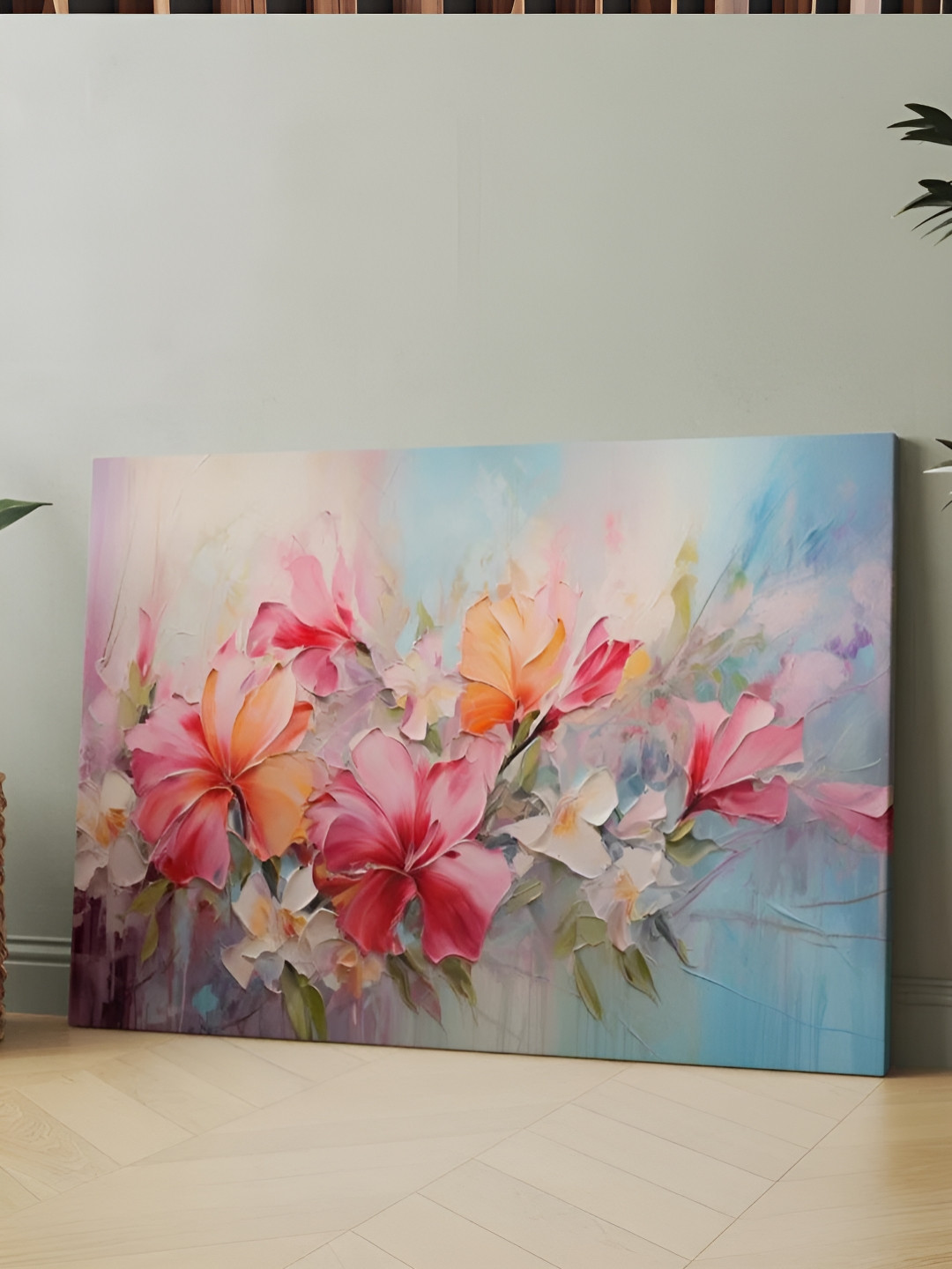 

CLAWCRAFTS Pink & Blue Floral and Botanical Painting Canvas Wall Art