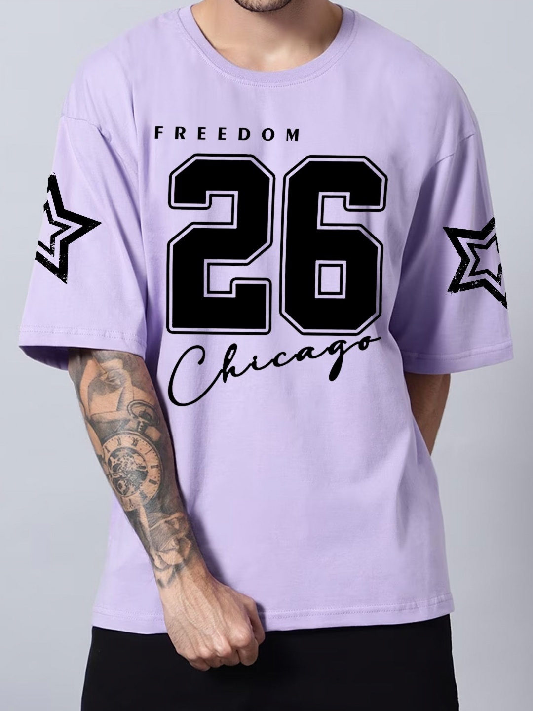 

TABADTOD Men Varsity Printed V-Neck Applique T-shirt, Lavender