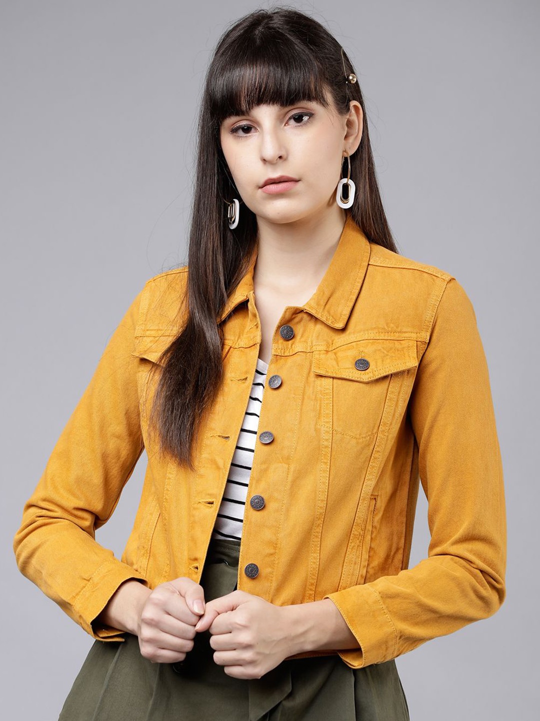 

Tokyo Talkies Women Washed Colourblocked Crop Denim Jacket with Embroidered, Mustard