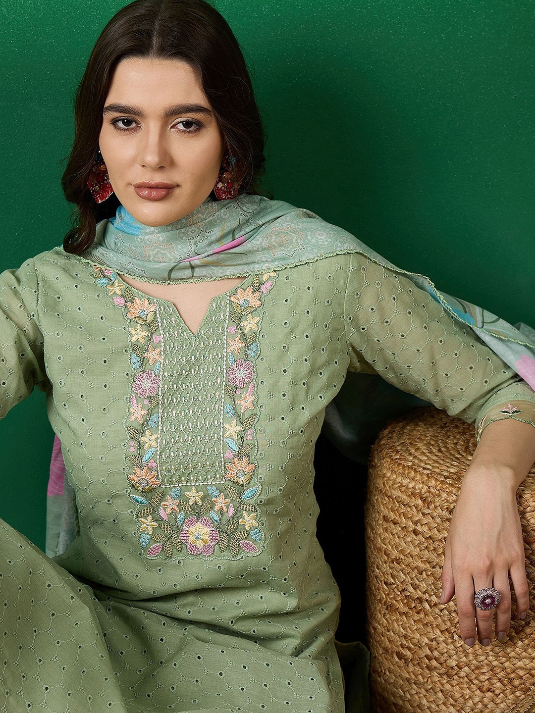 

Sangria Floral Embroidered Thread Work Pure Cotton Kurta with Trouser & Dupatta, Green