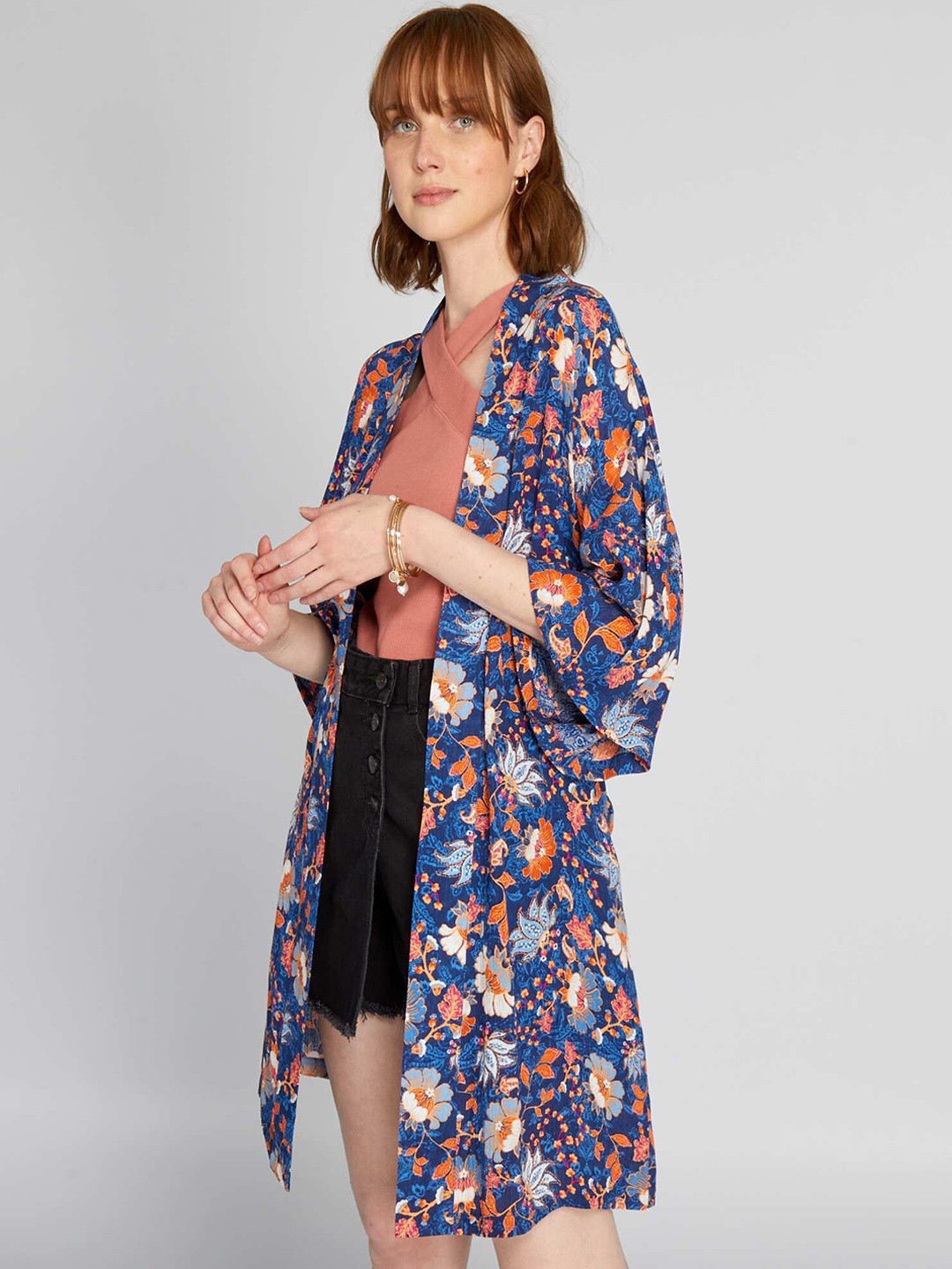 

KIABI Women Floral Longline Open Front Jacket with Embroidered, Blue