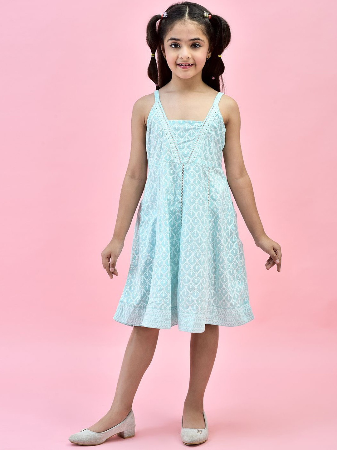 

Juniper Girls Embroidered Pure Cotton Knee Length Empire Dress, Blue