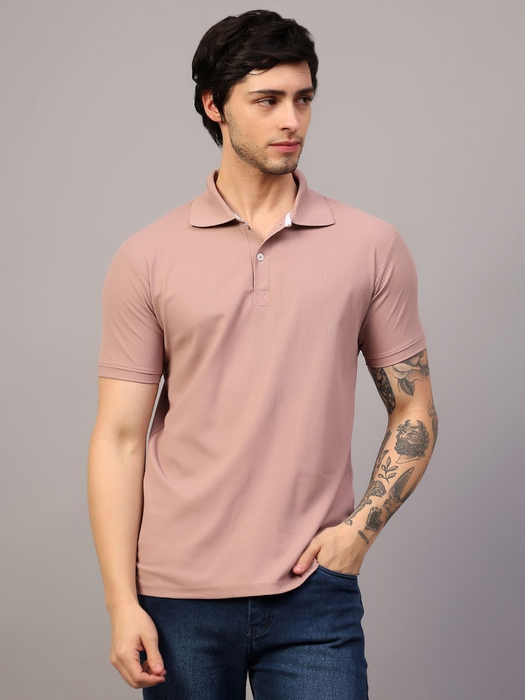 

MANTICORE Men Solid Polo Collar Cotton T-shirt, Peach