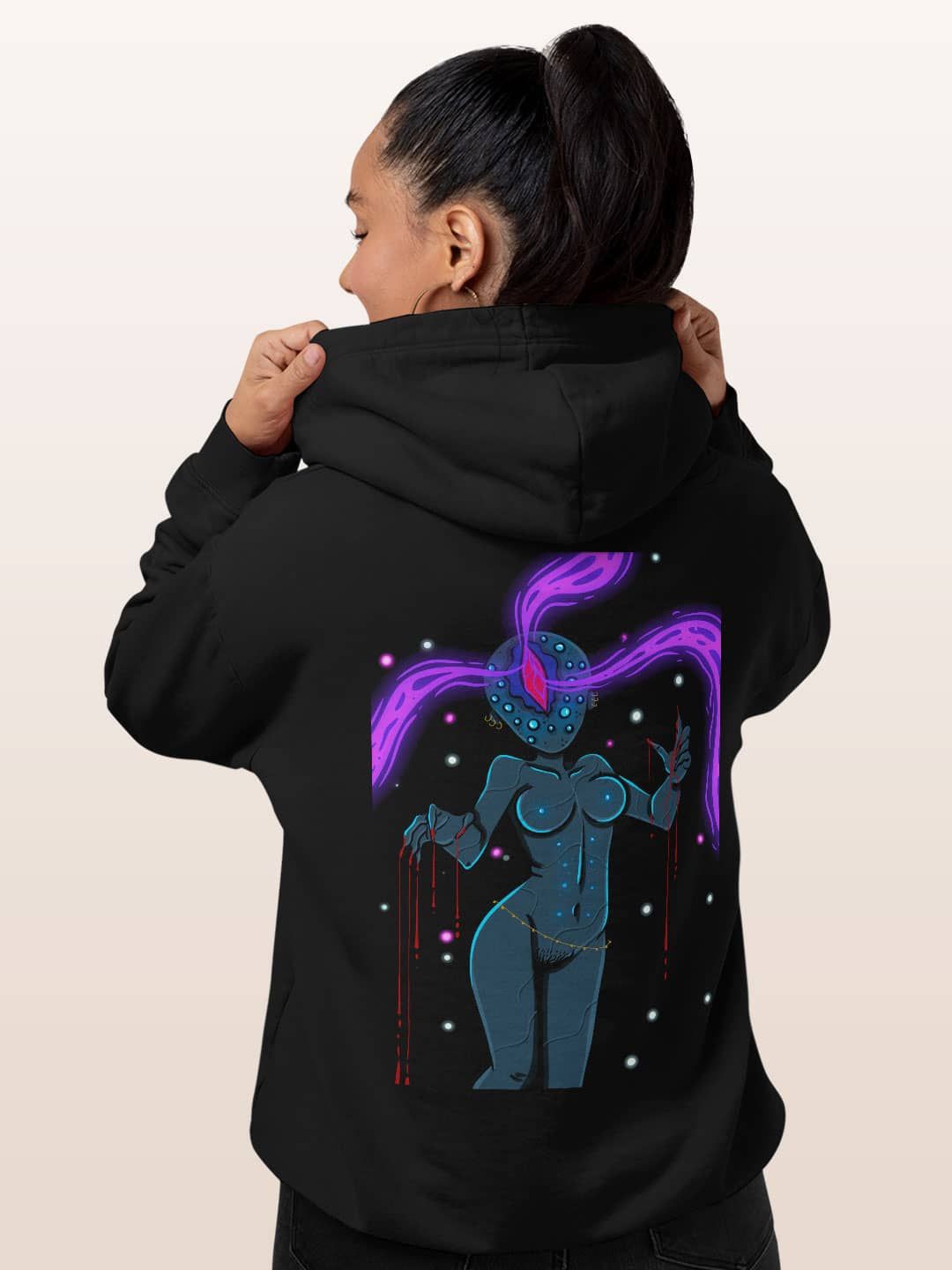 

macmerise Women Printed Hooded Sweatshirt, Black