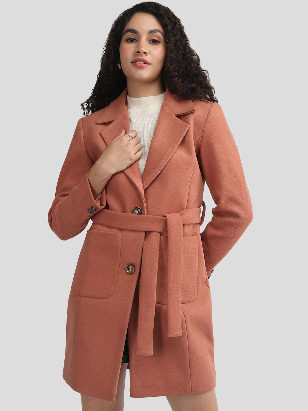 

Plagg Women Long Sleeve Single-Breasted Overcoat With Waist Belt, Brown