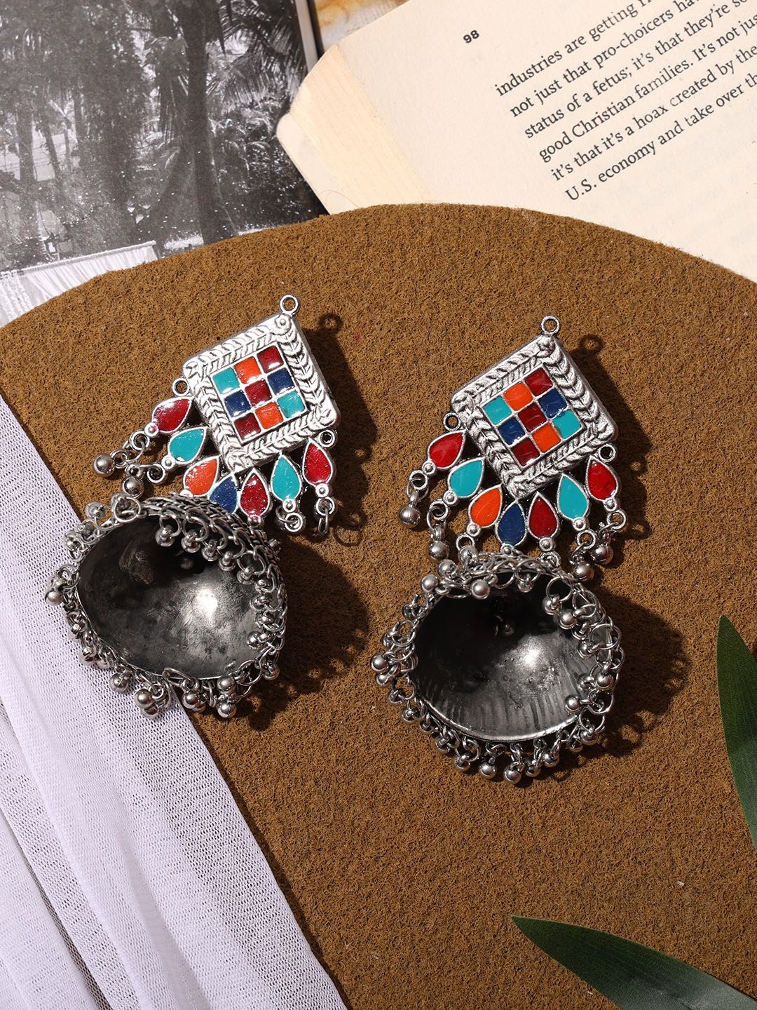 

VENI Silver-Plated Oxidised Beaded Jhumkas