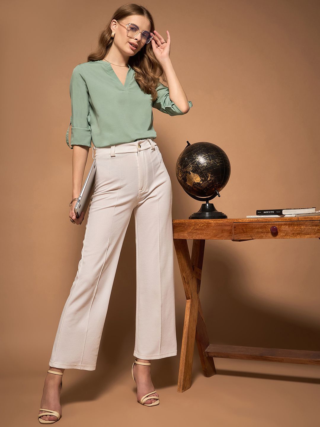 

Berrylush BIZwear Women Solid Mandarin Collar Casual Shirt, Green