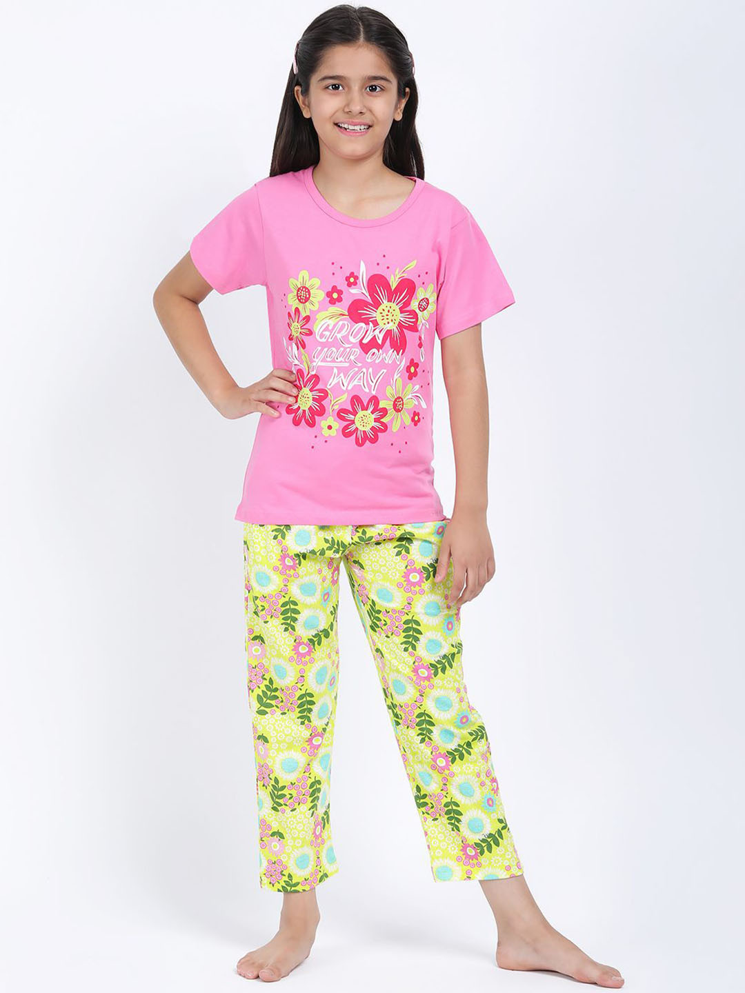 

Elzoh Girls Floral Printed Pure Cotton T-Shirt & Pyjama Night suit Set, Pink