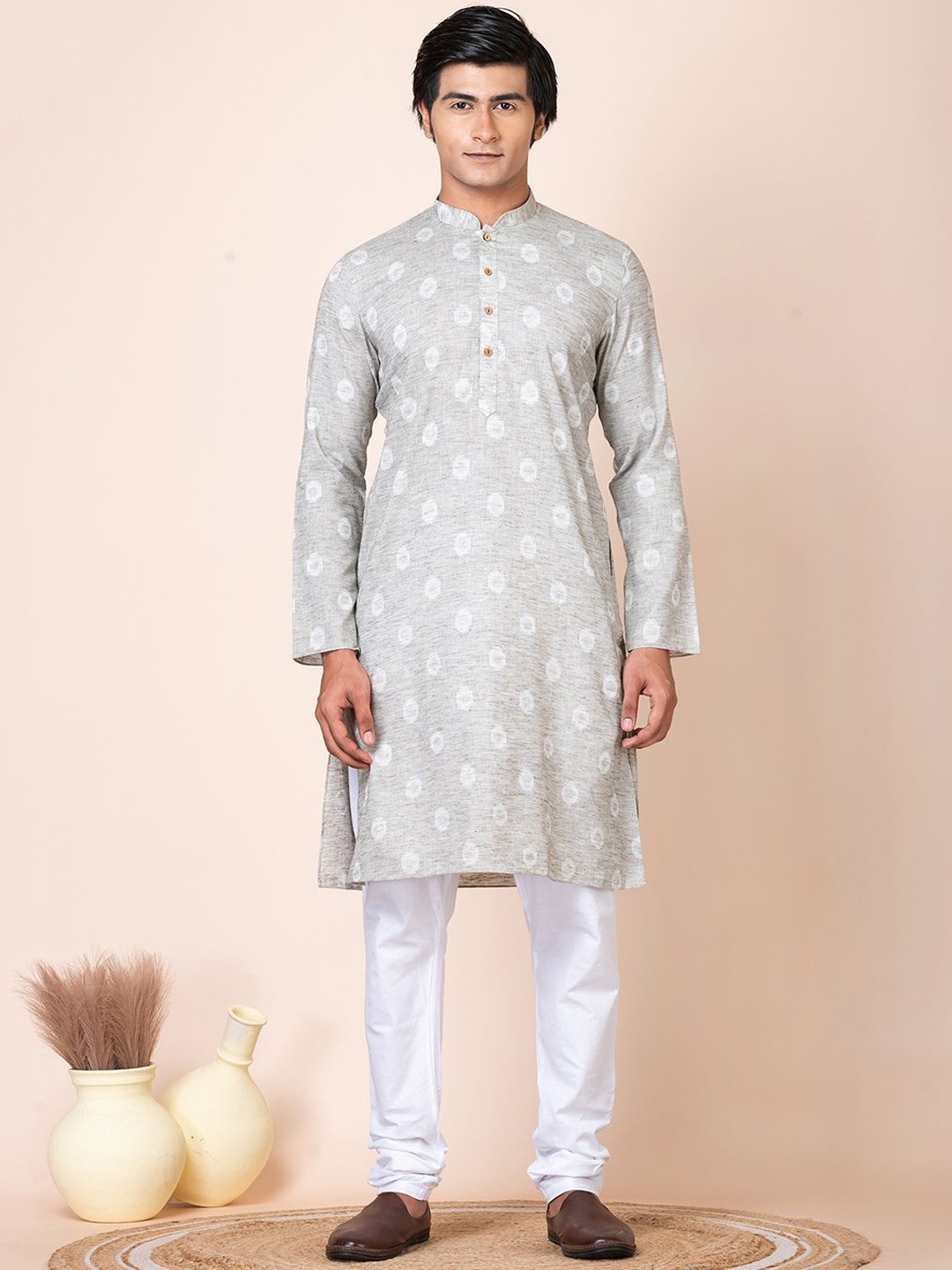 

HU - Handcrafted Uniquely Printed Pure Cotton Straight Kurta with Churidar, Grey