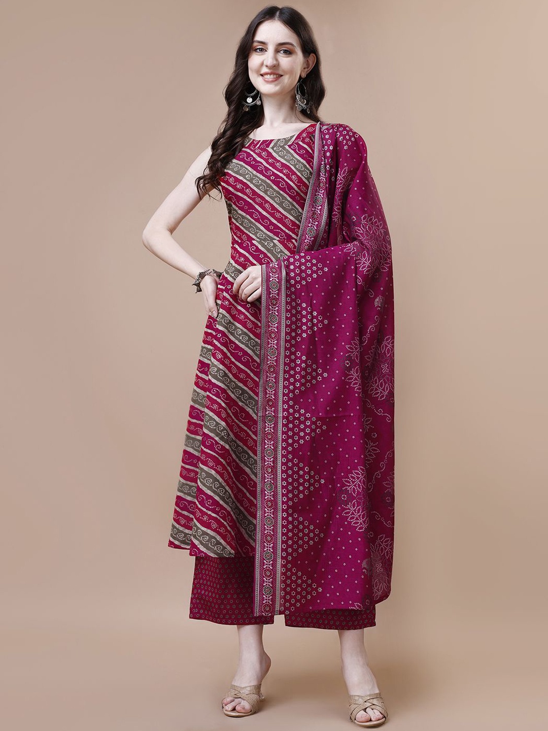 

KALINI Bandhani Printed A-Line Kurta with Palazzos & Dupatta, Pink