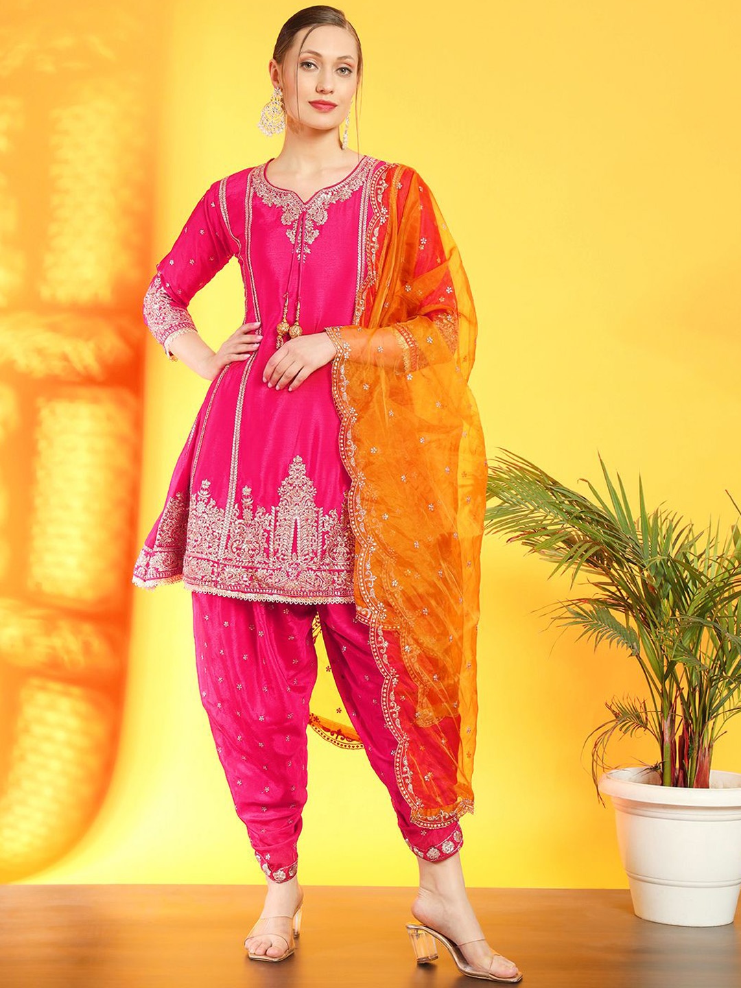 

Chhabra 555 Ethnic Motifs Sequinned Silk Georgette A-Line Kurta With Dhoti & Dupatta, Magenta