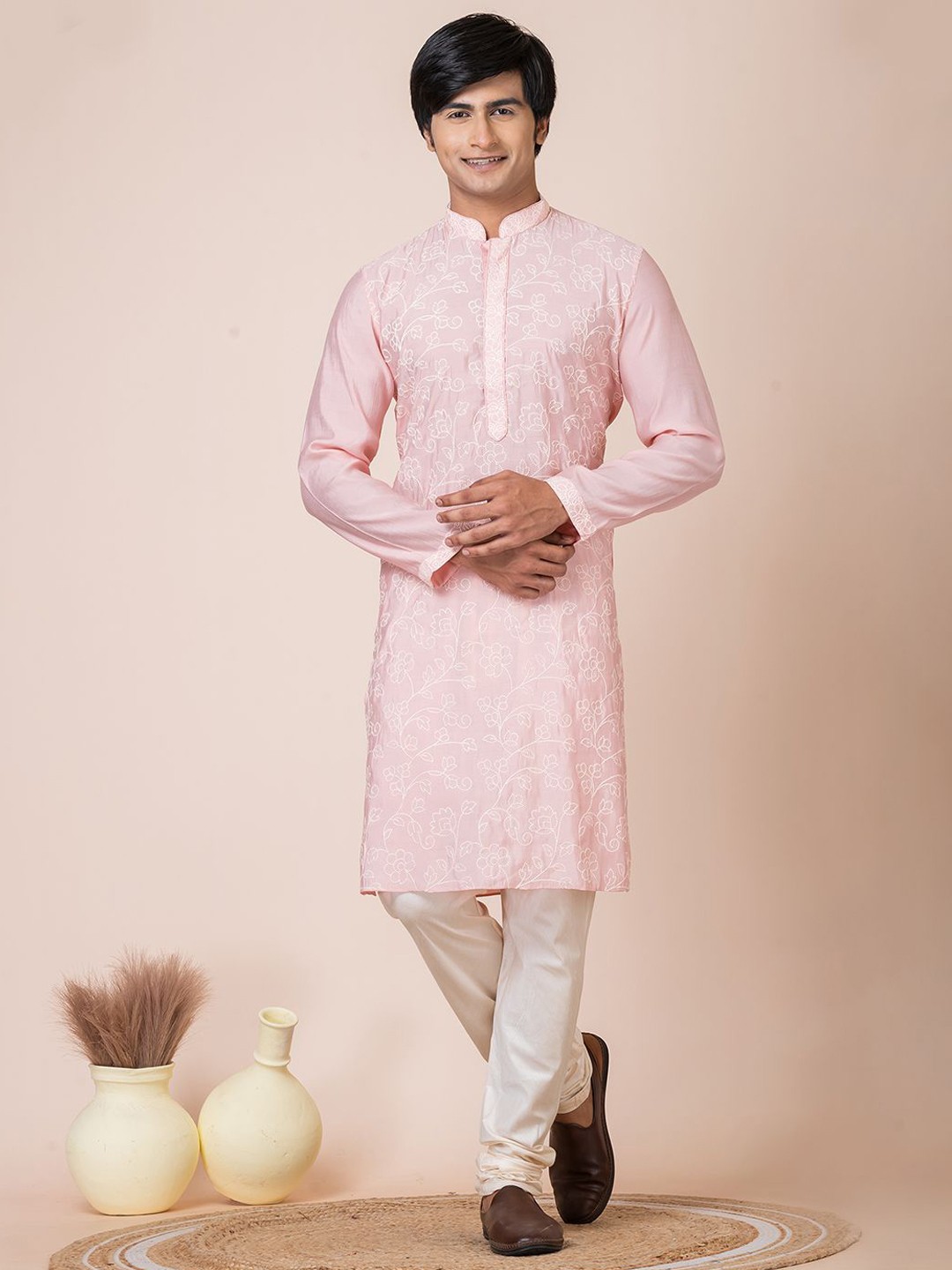 

HU - Handcrafted Uniquely Floral Embroidered Mandarin Collar Chanderi Silk Straight Kurta, Pink