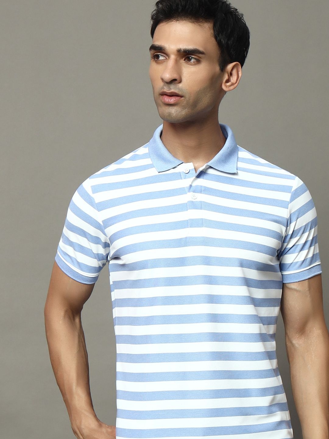 

OGEN Men Striped Polo Collar Cotton T-Shirt, Blue