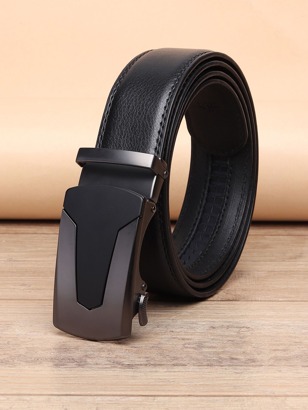 

WINSOME DEAL Men Textured Slider Buckle Closure Belt, Black