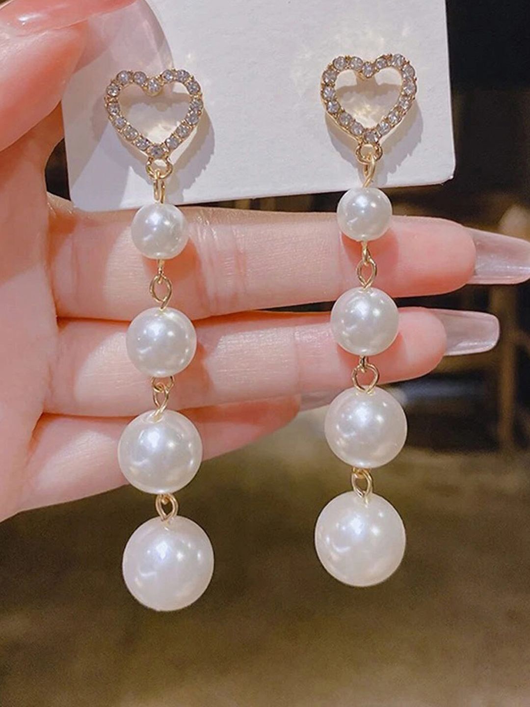 

KRENOZ Stainless Steel Stone Studded & Pearl Beaded Classic Drop Earrings, Gold