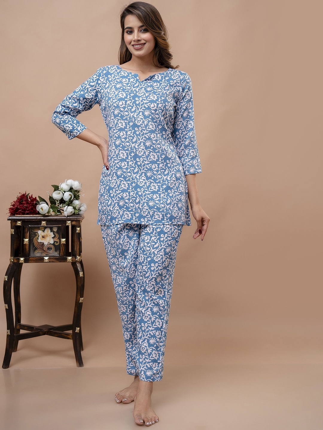 

Shedika Women Ethnic Motif Night suit 233 Sky-Sky & White, Blue