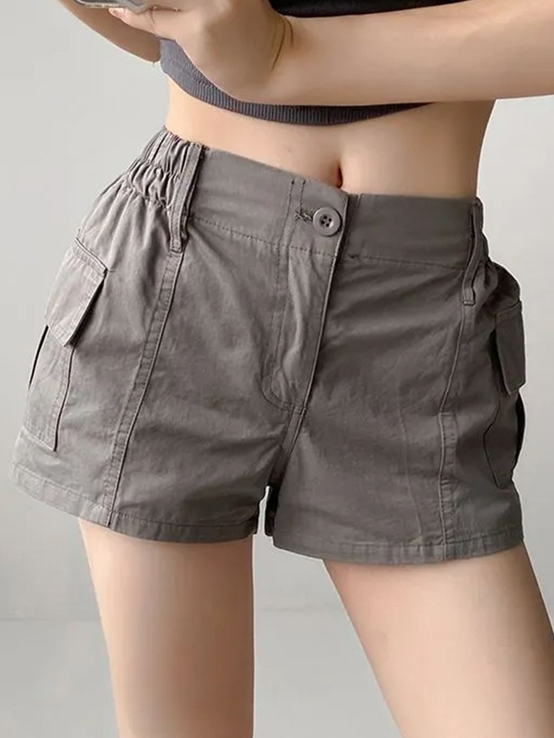 

LULU & SKY Women Loose Fit High-Rise Cargo Shorts, Grey