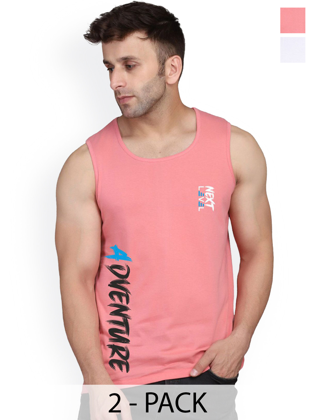 

SLOWLORIS Men Pack Of 2 Printed Sleeveless Gym Innerwear Vests, White
