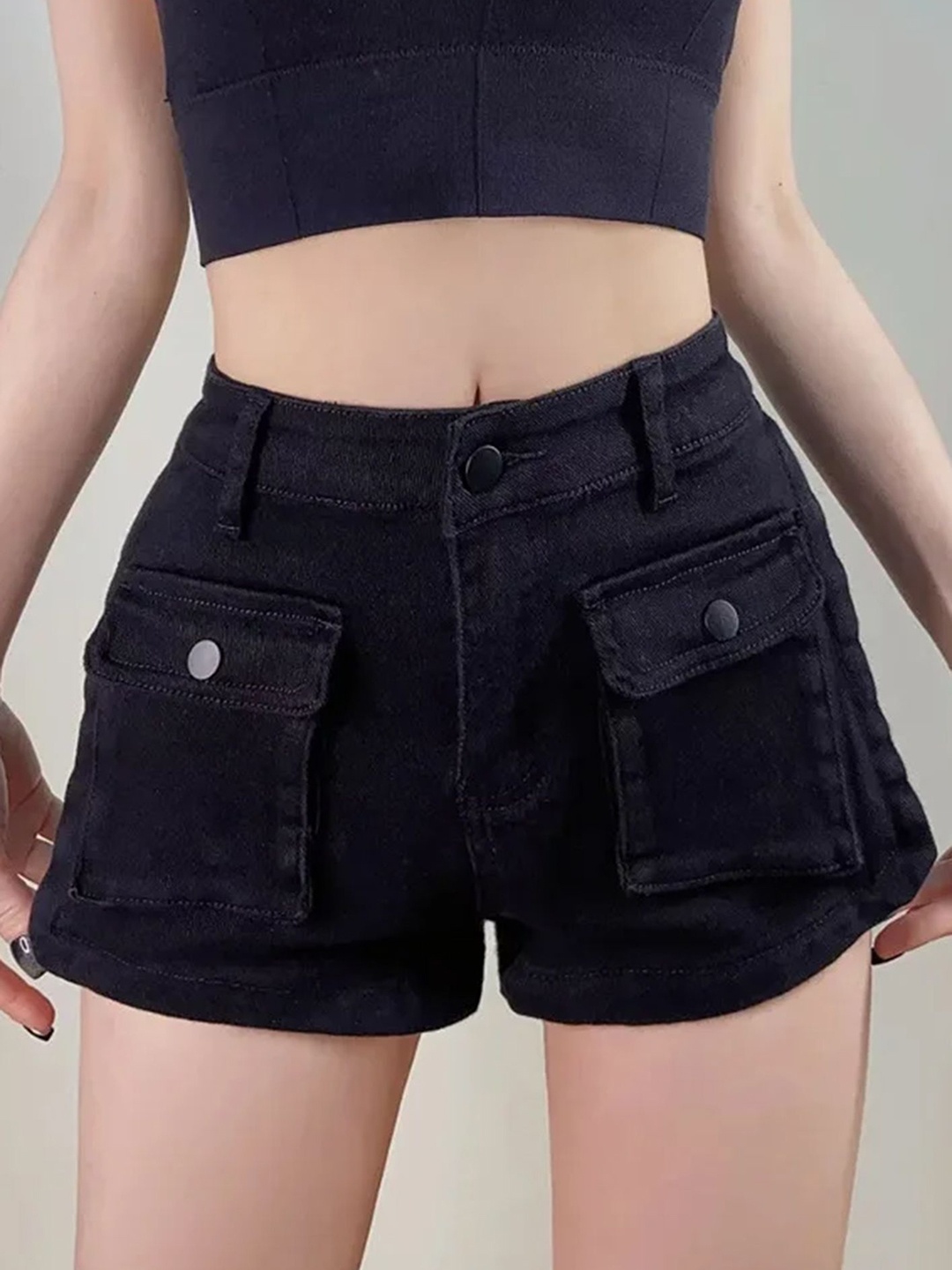 

LULU & SKY Women Loose Fit High-Rise Denim Shorts, Black