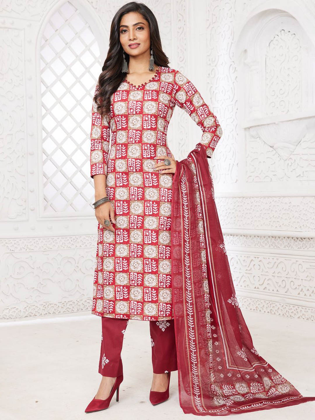

MIRAAN Ethnic Motifs Printed Pure Cotton Kurta with Trousers & Dupatta, Maroon