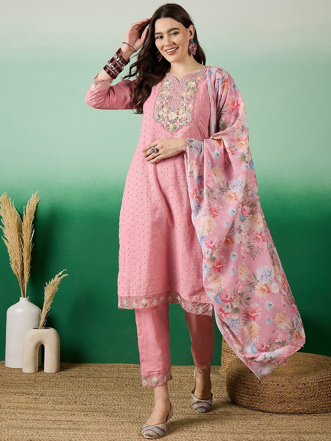 

Sangria Floral Embroidered Thread Work Pure Cotton Kurta with Trousers & Dupatta, Peach