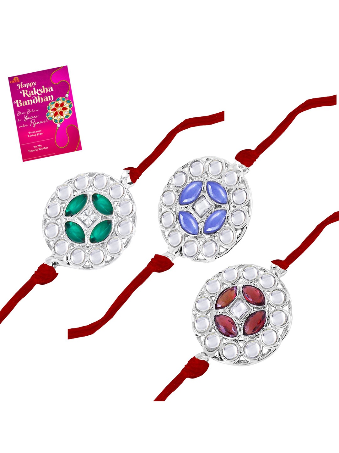 

Okos Set Of 3 Rhodium Plated Thread Rakhis With Greeting Card, Silver