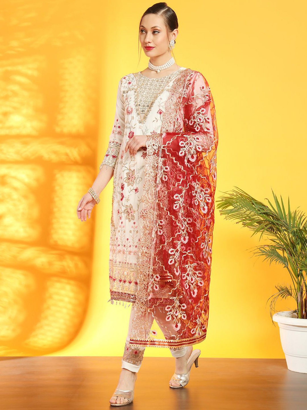 

Chhabra 555 Floral Embroidered Pakistani Style Kurta With Trousers & Dupatta, Cream
