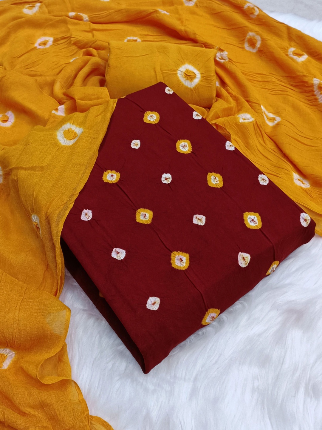 

V3 FASHION STUDIO Bandhani Printed Pure Cotton Unstitched Dress Material, Maroon